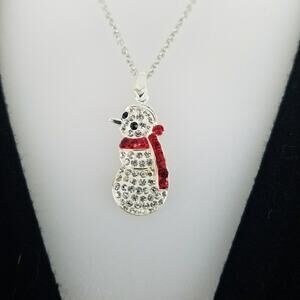 NEW Crystal Snowman White Gold Plated Clear Red Holiday Christmas Necklace